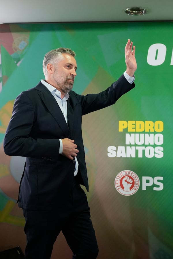 Socialist Party secretary general Pedro Nuno Santos arrives to address supporters and media, following Portugal's general election, in Lisbon, Monday, May 19, 2025. (AP Photo/Ana Brigida)