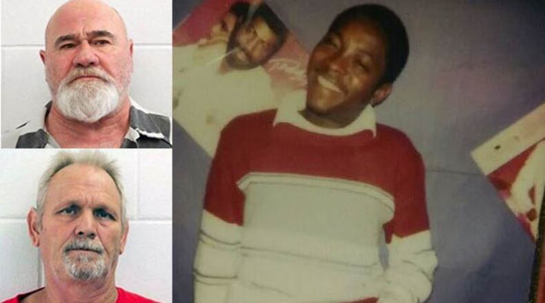 Frankie Gebhardt, 59, (upper left) and Bill Moore Sr., 58, (lower left) are charged with murder in the 1983 death of Timothy Coggins.