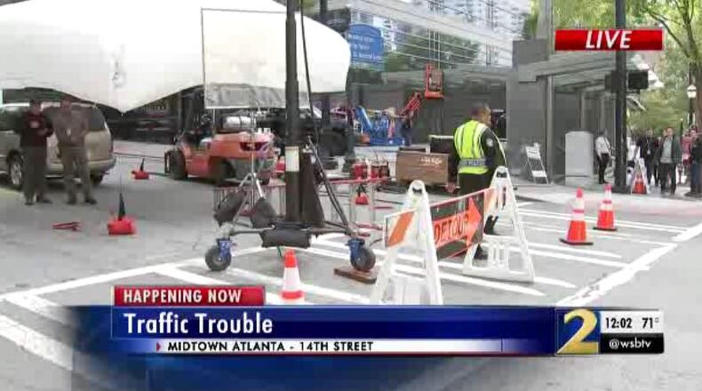 Detour signs are up along 14th Street in Midtown because of production of "The Avengers" movie.