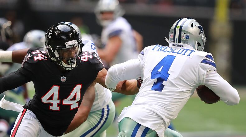 Atlanta Falcons linebacker Vick Beasley Jr. sacks Dallas Cowboys quarterback Dak Prescott during the second quarter in a NFL football game on Sunday, Nov. 18, 2018, in Atlanta.  Curtis Compton/ccompton@ajc.com