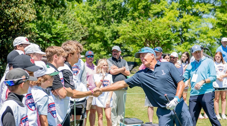 Fred Funk interacts with participants at the FCA Gameday Experience at TPC Sugarloaf, April 23. The event was part of the run-up to the Mitsubishi Electric Classic. (Photo by Kate Awtrey-King)