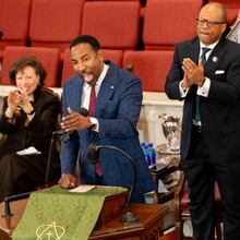 Mayor Andre Dickens speaks to local leaders and members of the public inside Big Bethel AME Church — alongside former Mayor Kasim Reed (from left), Valerie Jackson, the widow of former mayor Maynard Jackson, and former city councilman Jabari Simama — on Thursday, Oct. 30, 2025, in Atlanta. (Ben Hendren for the AJC)