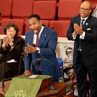 Mayor Andre Dickens speaks to local leaders and members of the public inside Big Bethel AME Church — alongside former Mayor Kasim Reed (from left), Valerie Jackson, the widow of former mayor Maynard Jackson, and former city councilman Jabari Simama — on Thursday, Oct. 30, 2025, in Atlanta. (Ben Hendren for the AJC)