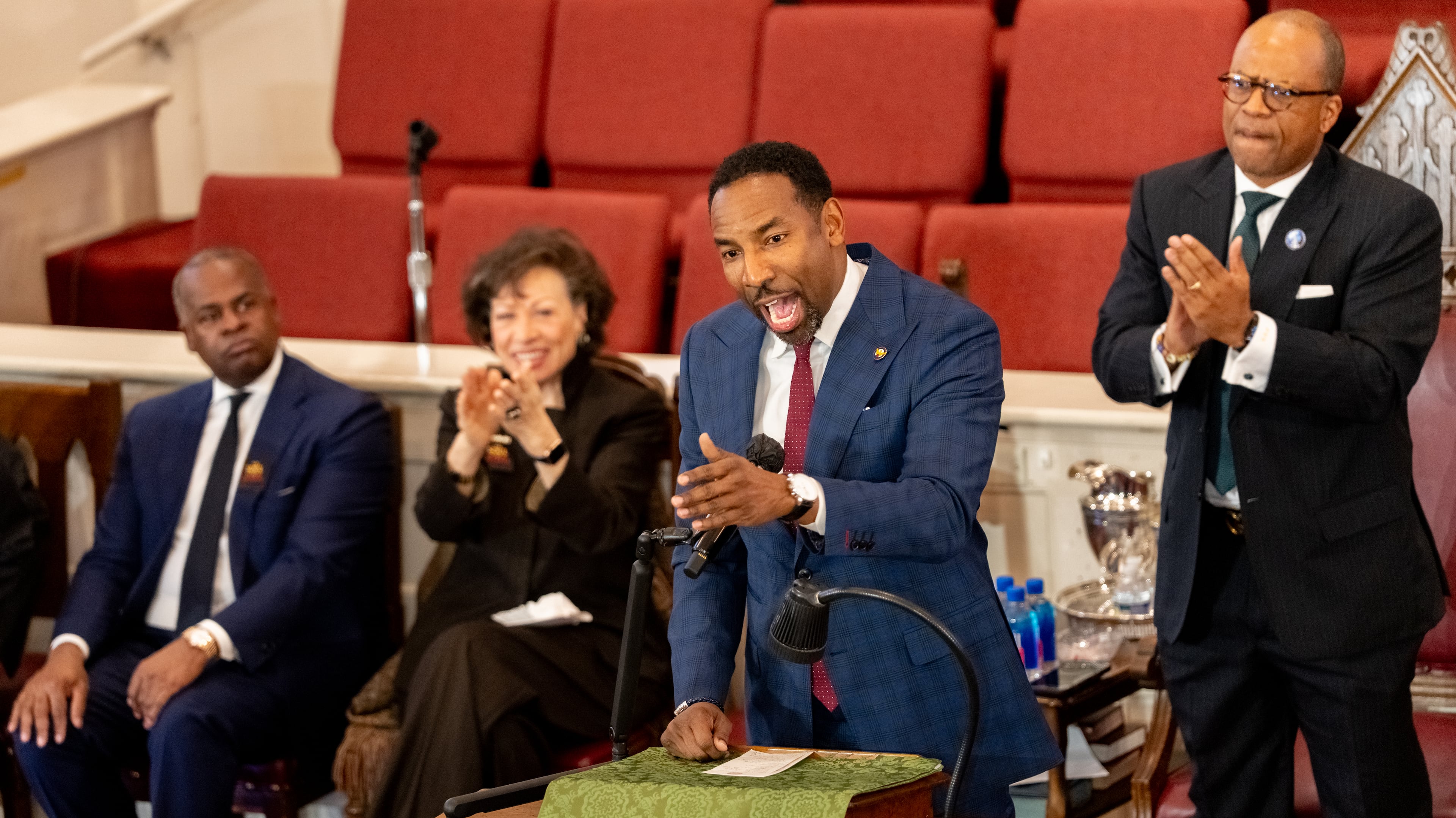 Mayor Andre Dickens speaks to local leaders and members of the public inside Big Bethel AME Church — alongside former Mayor Kasim Reed (from left), Valerie Jackson, the widow of former mayor Maynard Jackson, and former city councilman Jabari Simama — on Thursday, Oct. 30, 2025, in Atlanta. (Ben Hendren for the AJC)