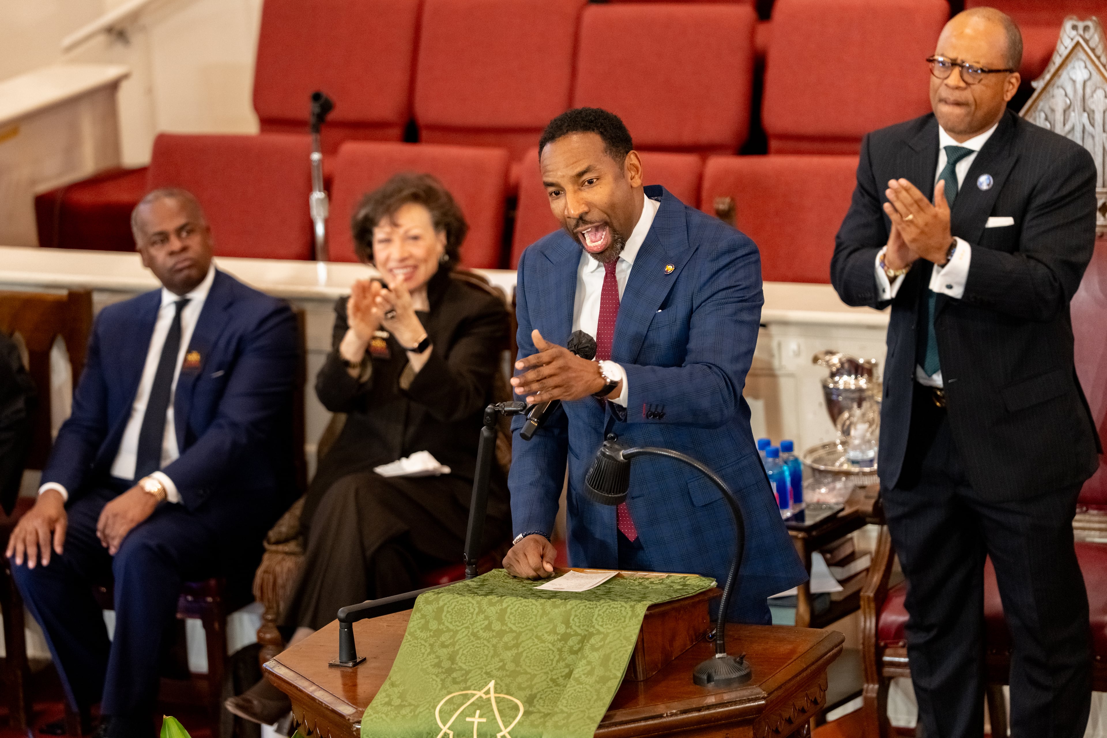 Atlanta Mayor Andre Dickens speaks to local leaders and members of the public during the Soul of Atlanta Rally at Big Bethel AME Church on Thursday, Oct. 30, 2025.  (Ben Hendren for the AJC)