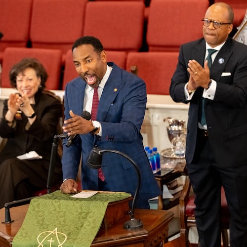 Mayor Andre Dickens speaks to local leaders and members of the public inside Big Bethel AME Church — alongside former Mayor Kasim Reed (from left), Valerie Jackson, the widow of former mayor Maynard Jackson, and former city councilman Jabari Simama — on Thursday, Oct. 30, 2025, in Atlanta. (Ben Hendren for the AJC)