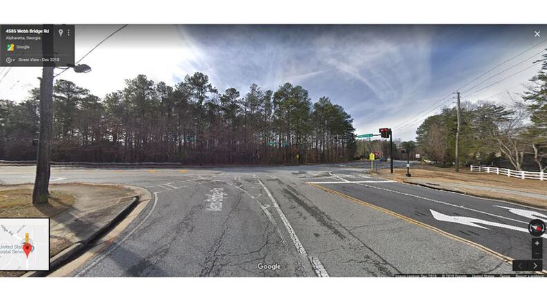 Alpharetta has retained an engineering consultant to design a roundabout at Webb Bridge Road and Webb Bridge Way. GOOGLE MAPS