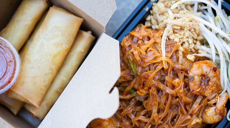 The crab cheese roll (left) and pad Thai are two recommended dishes from 26 Thai Kitchen. Ryan Fleisher for The Atlanta Journal-Constitution