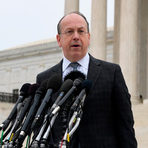 FILE - Attorney Paul Clement makes a statement outside of the Supreme Court in Washington, Dec. 2, 2019. (AP Photo/Susan Walsh, File)