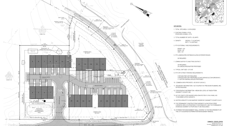Peachtree Corners will hold a second read and public hearing April 27 on a request to rezone 3.48 acres at 3577 Peachtree Corners Circle and 3755 Jay Bird Alley to allow for 25 new townhomes. (Courtesy City of Peachtree Corners)