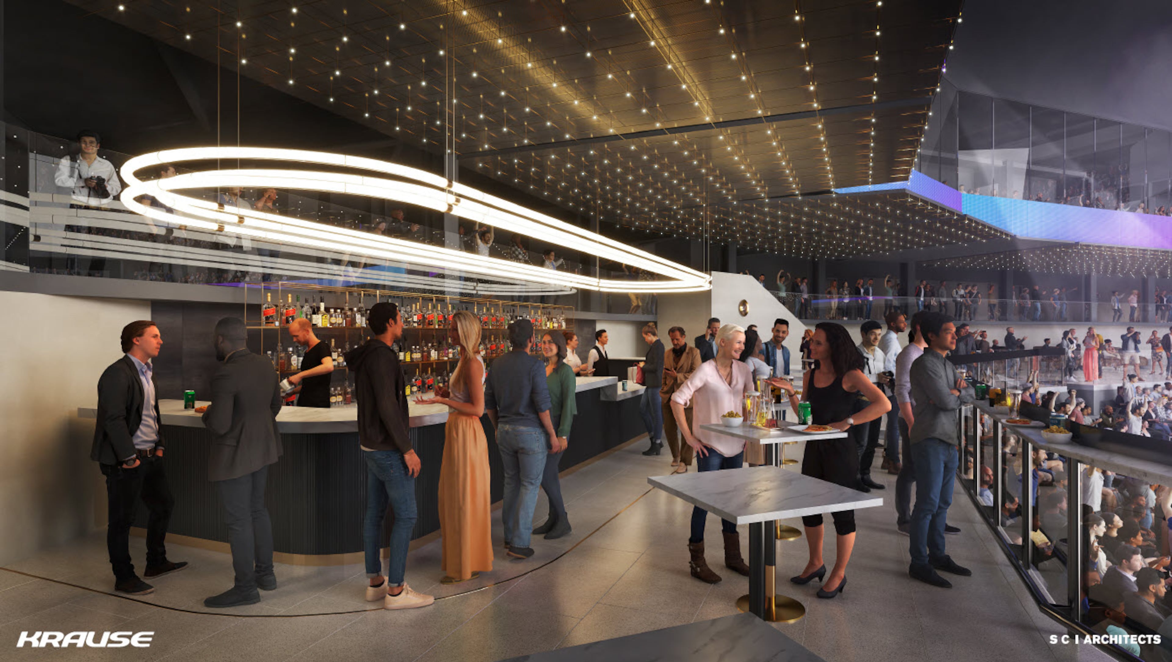 This is a rendering of a lounge within the arena proposed as part of the Gathering at South Forsyth project.