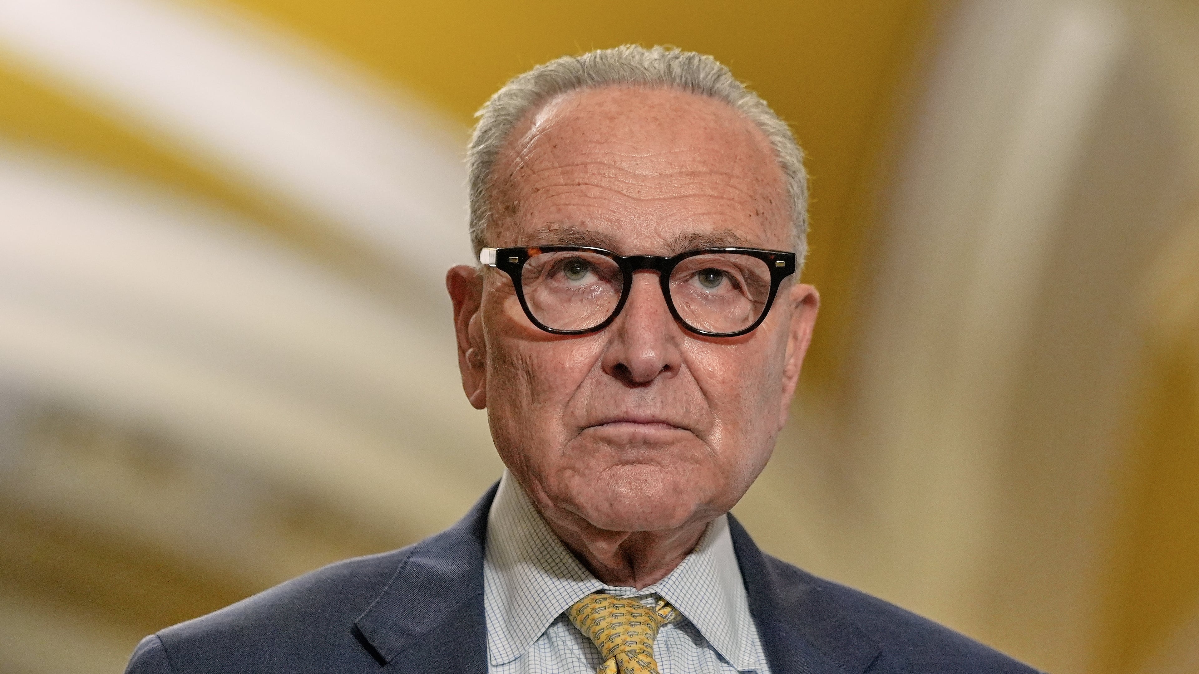 Senate Minority Leader Chuck Schumer of N.Y., listens during a news conference after a policy luncheon at the Capitol, Tuesday, Sept. 9, 2025, in Washington. (AP Photo/Mariam Zuhaib)