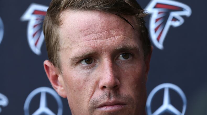 June 13, 2017, Flowery Branch: Falcons quarterback Matt Ryan talks with the media after the first day of mini-camp on Tuesday, June 13, 2017, in Flowery Branch. Curtis Compton/ccompton@ajc.com