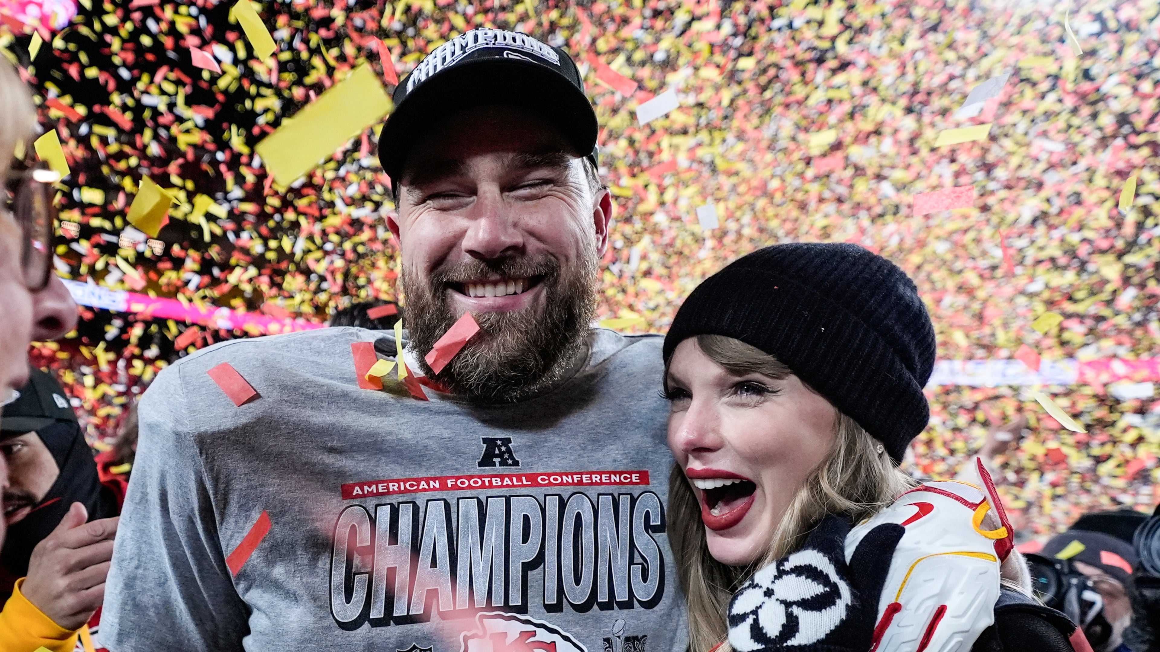 FILE - Travis Kelce, left, and Taylor Swift pose after the AFC Championship NFL football game against the Buffalo Bills, Jan. 26, 2025, in Kansas City, Mo. (AP Photo/Ashley Landis, File)