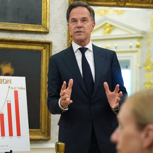NATO Secretary General Mark Rutte speaks during a meeting with President Donald Trump in the Oval Office at the White House, Wednesday, June 24, 2026, in Washington. (AP Photo/Jacquelyn Martin)
