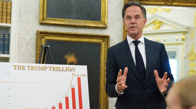NATO Secretary General Mark Rutte speaks during a meeting with President Donald Trump in the Oval Office at the White House, Wednesday, June 24, 2026, in Washington. (AP Photo/Jacquelyn Martin)
