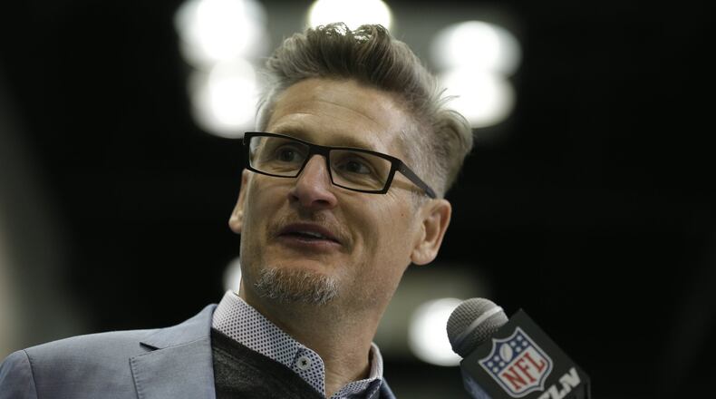 Atlanta Falcons general manager Thomas Dimitroff speaks during a press conference at the NFL Combine in Indianapolis, Wednesday, March 1, 2017. (AP Photo/Michael Conroy)