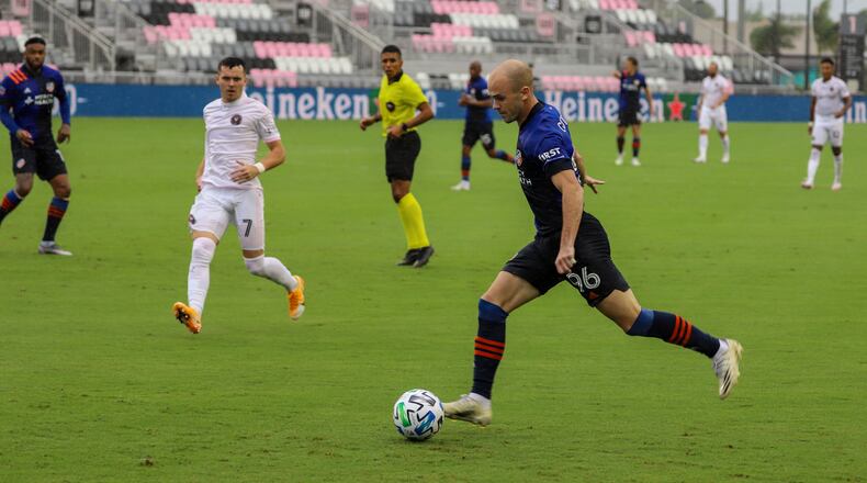 Andrew Gutman is shown playing for Cincinnati in 2020 against Inter Miami in Orlando, Fla.