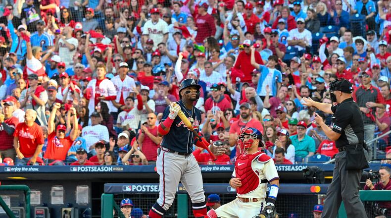 The Braves' Ronald Acuna strikes out against the Philadelphia Phillies during the sixth inning in Game 4 of the National League Division Series at Citizens Bank Park on Saturday, Oct. 15, 2022, in Philadelphia. (Hyosub Shin/Atlanta Journal-Constitution/TNS)