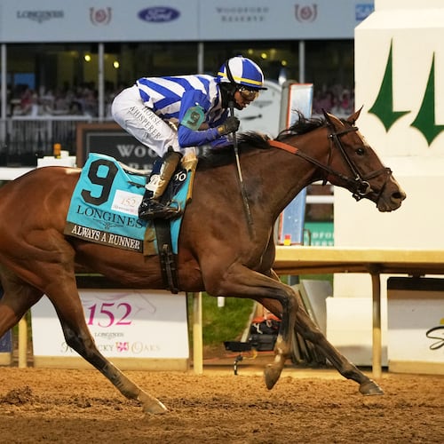 Always a Runner (9) ridden by Jose L. Ortiz wins the 152nd running of the Kentucky Oaks horse race at Churchill Downs, Friday, May 1, 2026, in Louisville, Ky. (AP Photo/Jeff Roberson)