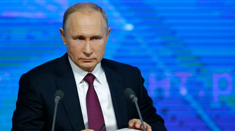 Russian President Vladimir during his annual news conference in Moscow, Russia, Thursday, Dec. 20, 2018.