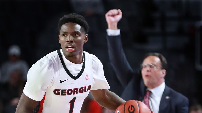 Georgia head coach Tom Crean calls the offense as Teshaun Hightower works against Kennesaw State during the first half Tuesday, Nov. 27, 2018, in Athens.