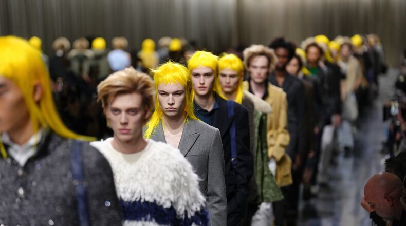 Models wear creations as part of the Dior Fall/Winter 2026-2027 Men's collection presented in Paris, Wednesday, Jan. 21, 2026. (AP Photo/Aurelien Morissard)