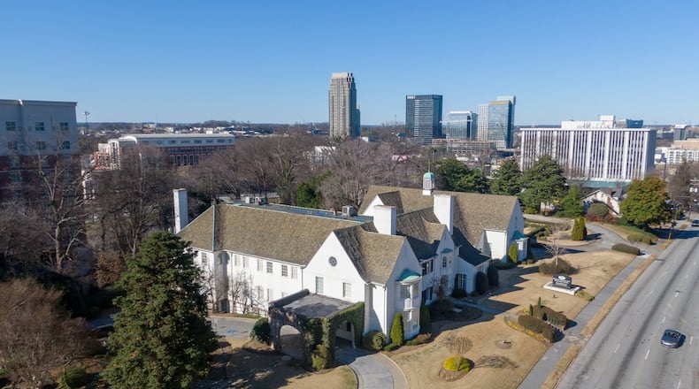 Aerial photo of H.M. Patterson & Son-Spring Hill Chapel at 1020 Spring Street NW on Tuesday, Jan. 7, 2020. The 91-year-old Midtown mortuary will be converted into an entertainment and food space as part of an Atlanta developer’s plans to build a mixed-used property that includes residential, office and hotel space. The property was designated a historic landmark in 2018. Atlanta-based developer Portman Holdings purchased the property in December.(Hyosub Shin / Hyosub.Shin@ajc.com)