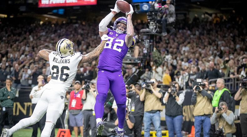Minnesota Vikings tight end Kyle Rudolph catches the winning touchdown over New Orleans Saints cornerback P.J. Williams in overtime on Sunday, Jan. 5, 2020, at Mercedes-Benz Superdome in New Orleans.