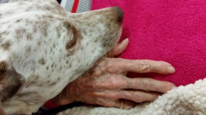 Ginny Allen’s Latte visits with a resident of memory unit.