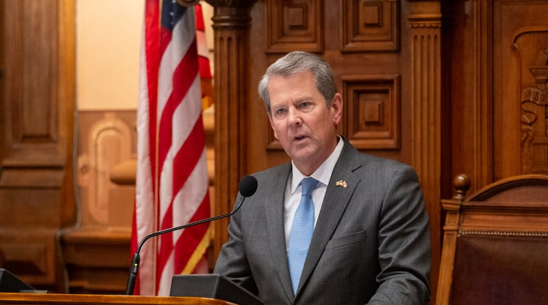 Gov. Brian Kemp gives a speech at the House of Representatives at the Capitol in Atlanta on Sine Die, Friday, April 4, 2025, the final day of the legislative session. (Arvin Temkar / AJC)