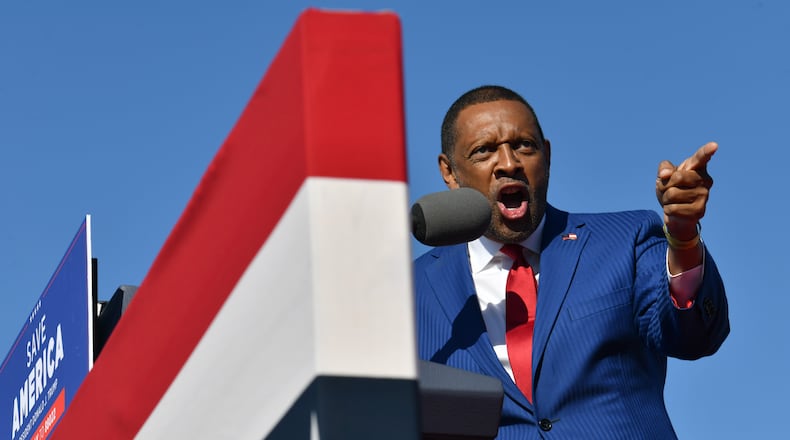 March 26, 2022 Commerce - Vernon Jones, former Democrat, speaks during a rally for Georgia GOP candidates at Banks County Dragway in Commerce on Saturday, March 26, 2022. (Hyosub Shin / Hyosub.Shin@ajc.com)