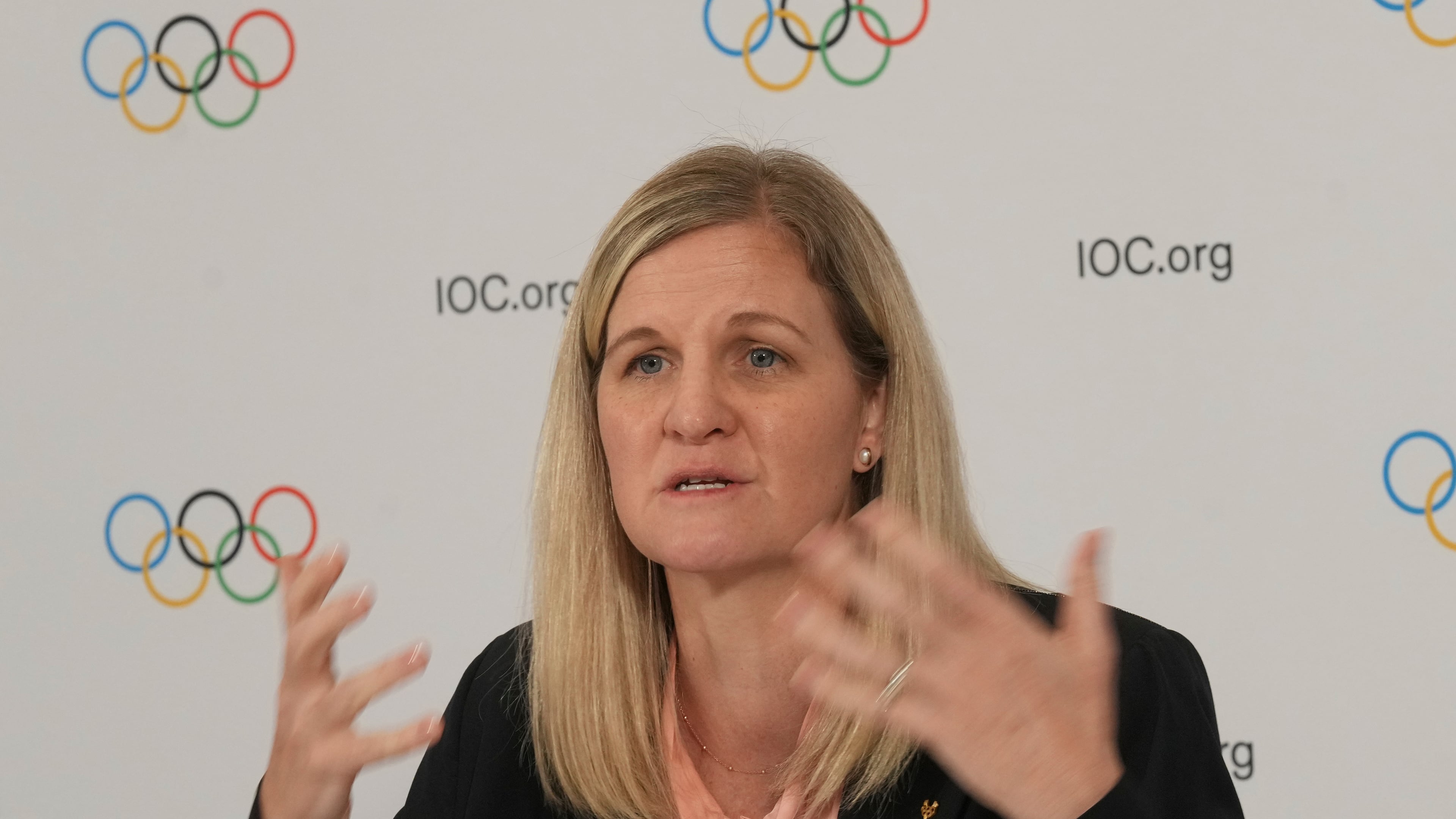 IOC President Kirsty Coventry attends a final press conference with Executive Board members after visiting Olympic and Paralympic Village and various venues in Milan, Italy, Friday, Sept. 19, 2025. (AP Photo/Antonio Calanni)