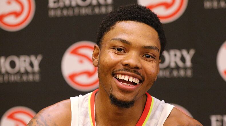 Kent Bazemore is all smiles during his media interview at Hawks Media Day on Monday, September 25, 2017, in Atlanta.   Curtis Compton/ccompton@ajc.com