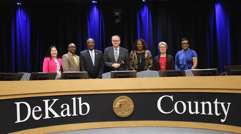 Members of the DeKalb County Commission pose for a photo after a meeting in January 2019. (TIA MITCHELL/TIA.MITCHELL@AJC.COM)