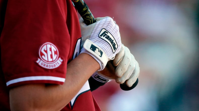 FILE - Arkansas' Jacob Nesbit (5) prepares to bat against Tennessee in the ninth inning of an NCAA college baseball championship game during the Southeastern Conference tournament Sunday, May 30, 2021, in Hoover, Ala. (AP Photo/Butch Dill,File)