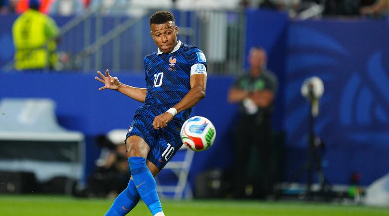 France's Kylian Mbappe (10) shoots at goal during the World Cup Group I soccer match between France and Iraq in Philadelphia, Monday, June 22, 2026. (AP Photo/Derik Hamilton)
