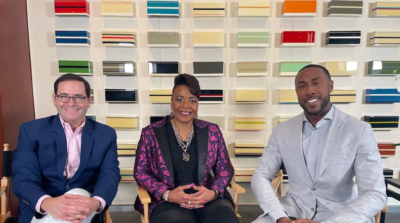 Adam Ciralsky (from left), director of "Take No Prisoners," sits with the film's executive producers Bernice King and Ashley Bell. (Courtesy of Ready Entertainment)
