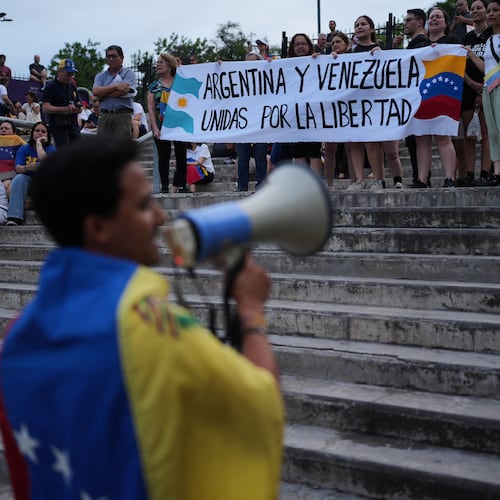 Members of Venezuelan's opposition demonstrate ahead of the Nobel Peace Prize ceremony where Venezuelan Maria Corina Machado is among this year's laureates, in Buenos Aires, Argentina, Saturday, Dec. 6, 2025. (AP Photo/Rodrigo Abd))