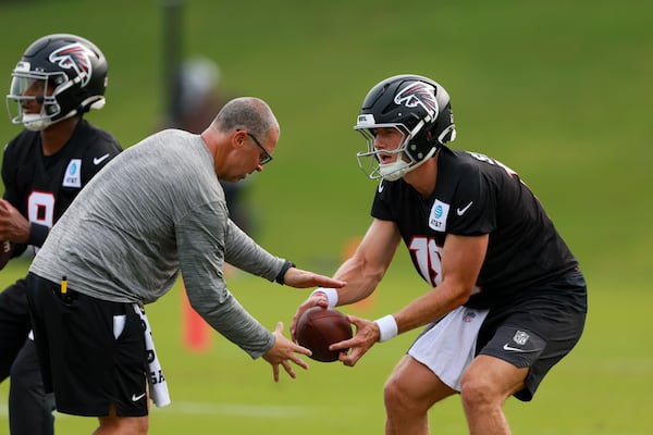 Falcons quarterback Jack Strand runs drills during training camp on Wednesday, July 29, 2026, in Flowery Branch. The quasi-genius has no intent on using his degree — or living his NASA dream — any time soon. (Jason Getz/AJC)