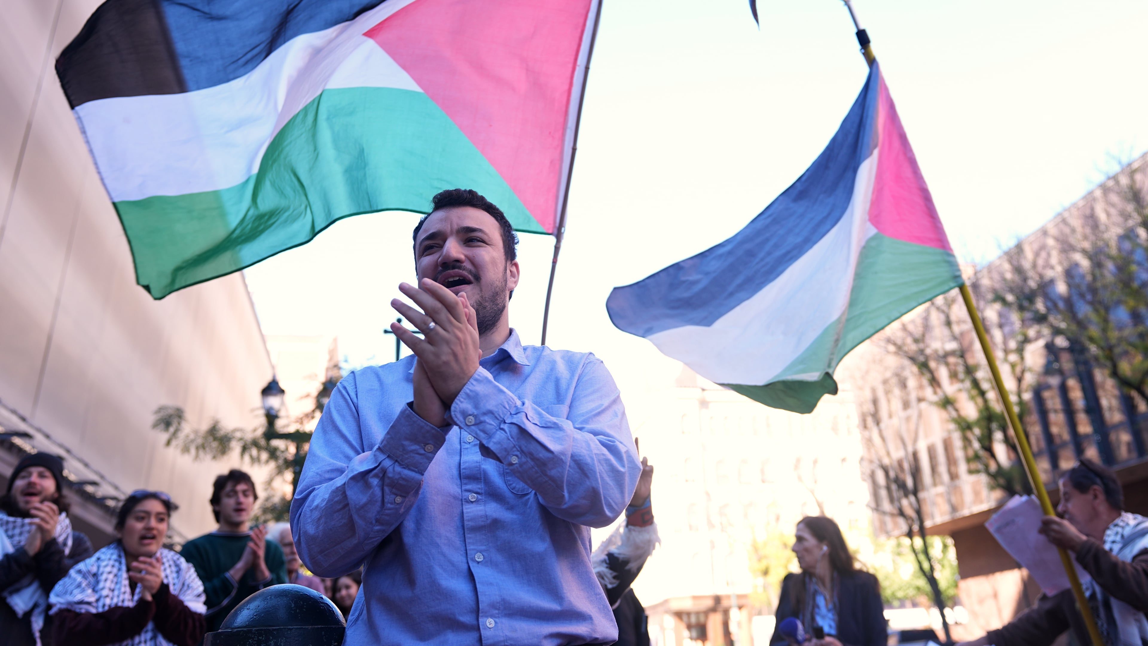 Palestinian activist Mahmoud Khalil meets with supporters outside Federal Court on Tuesday, Oct. 21, 2025 in Philadelphia (AP Photo/Matt Rourke)