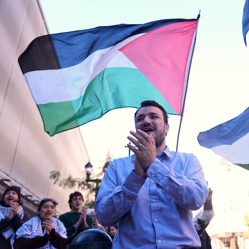Palestinian activist Mahmoud Khalil meets with supporters outside Federal Court on Tuesday, Oct. 21, 2025 in Philadelphia (AP Photo/Matt Rourke)