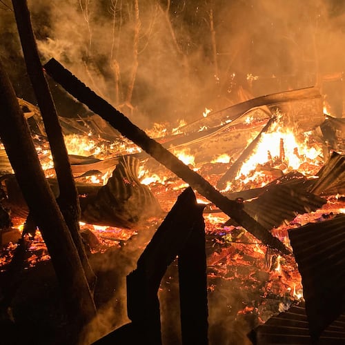 This photo provided by the San Francisco Zen Center shows the remote Tassajara Mountain Zen Center, a Buddhist meditation hall, burning in a fire, Thursday, March 26, 2026, in central California. (San Francisco Zen Center via AP)
