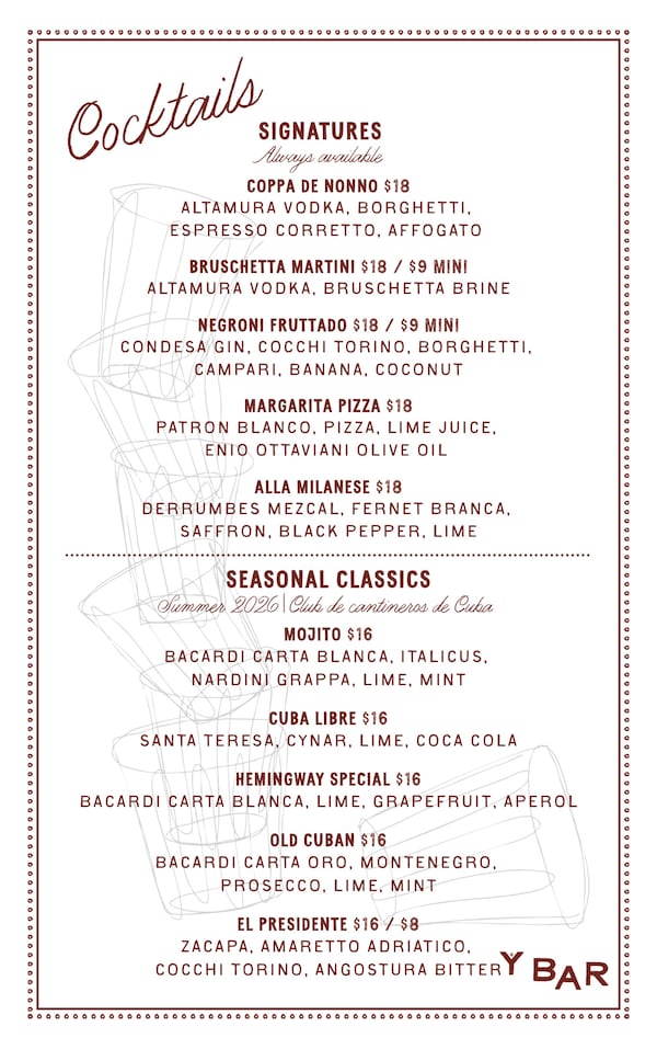See the cocktail menu for Y Bar e Ristorante in Buckhead Village. (Courtesy of Y Bar e Ristorante)