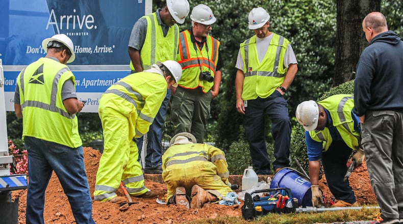Gas crews were on scene Tuesday morning at the Arrive Perimeter apartments in Dunwoody. A Sept. 12 explosion blew apart the front side of one of the complex’s three buildings and damaged surrounding buildings.