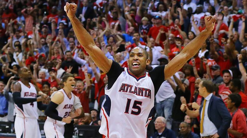 : Hawks center Al Horford reacts after hitting the game winning shot to beat the Wizards 82-81 in their Eastern Conference Semifinals game 5 on Tuesday, May 13, 2015, in Atlanta. Curtis Compton / ccompton@ajc.com