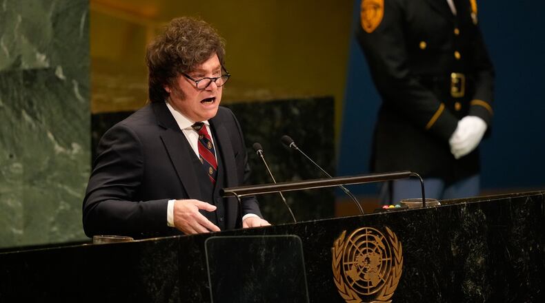 Argentina's President Javier Milei speaks during the 81st session of the United Nations General Assembly at United Nations headquarters, Wednesday, Sept. 23, 2026. (AP Photo/Seth Wenig)