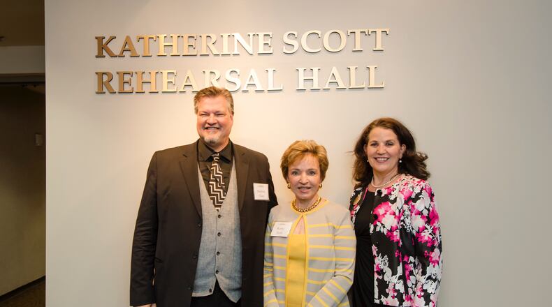 From left,  Kennesaw State University School of Music director Stephen Plate, Katherine Scott, and College of the Arts Dean Patty Poulter. PHOTO CREDIT: KENNESAW STATE UNIVERSITY