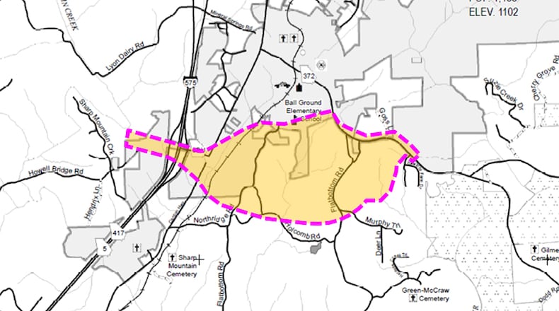 Map depicts the project study area for a proposed truck bypass around Ball Ground’s business district. CHEROKEE COUNTY