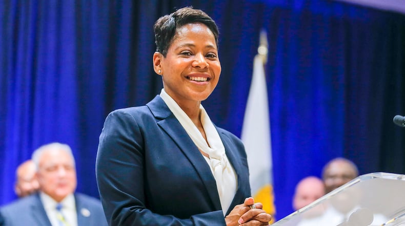 Incoming DeKalb County Police Chief Mirtha Ramos speaks during her introductory press conference at the Manuel J. Maloof Auditorium Monday. (Alyssa Pointer/Atlanta Journal Constitution)